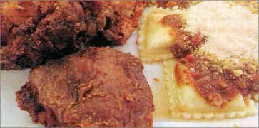 Fried Chicken with Beef Ravioli at Pyrenees Cafe